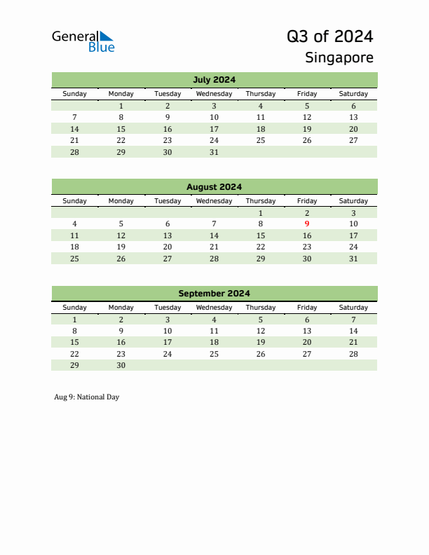 Quarterly Calendar 2024 with Singapore Holidays