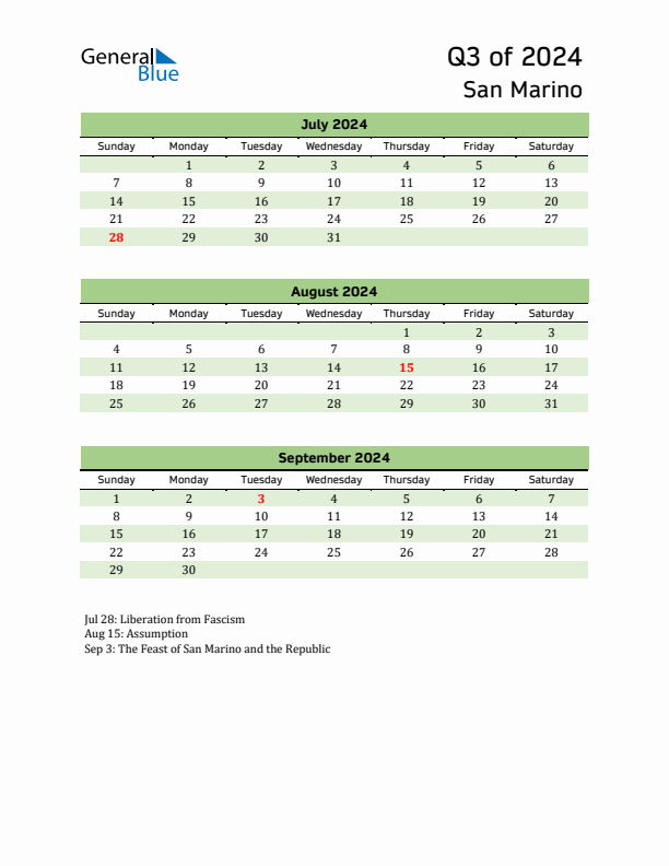 Quarterly Calendar 2024 with San Marino Holidays