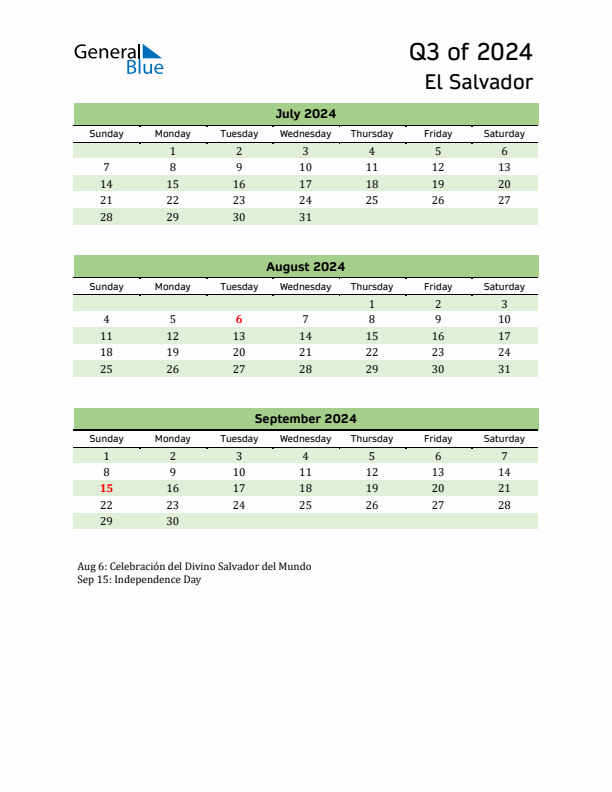 Quarterly Calendar 2024 with El Salvador Holidays