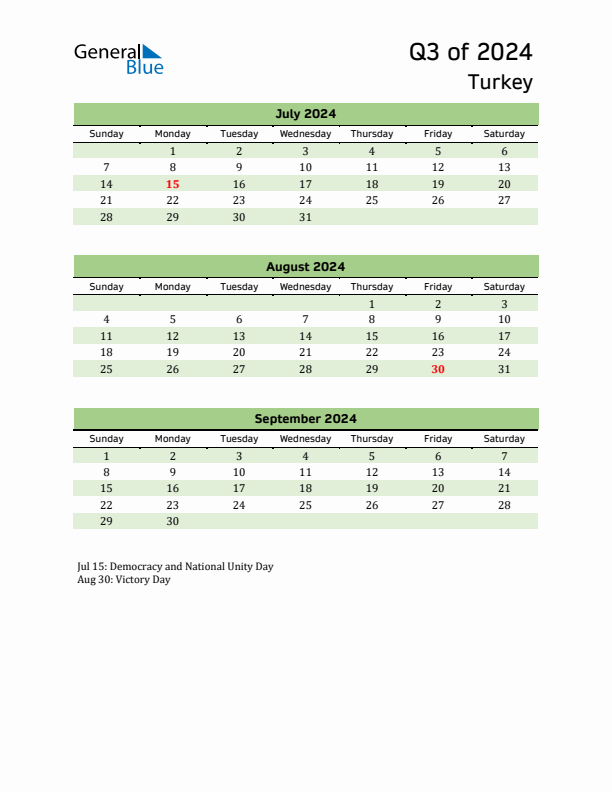 Quarterly Calendar 2024 with Turkey Holidays