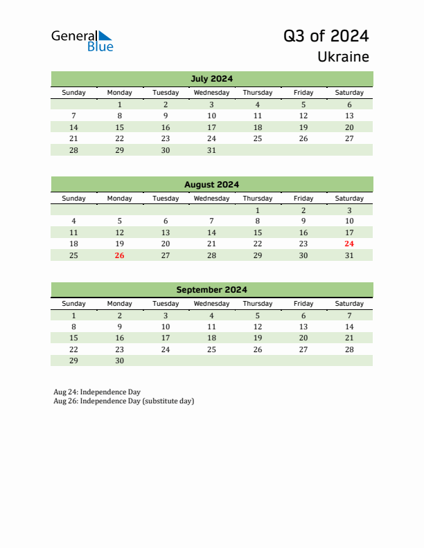 Quarterly Calendar 2024 with Ukraine Holidays