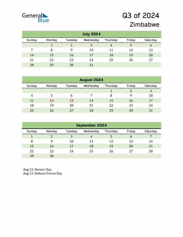 Quarterly Calendar 2024 with Zimbabwe Holidays