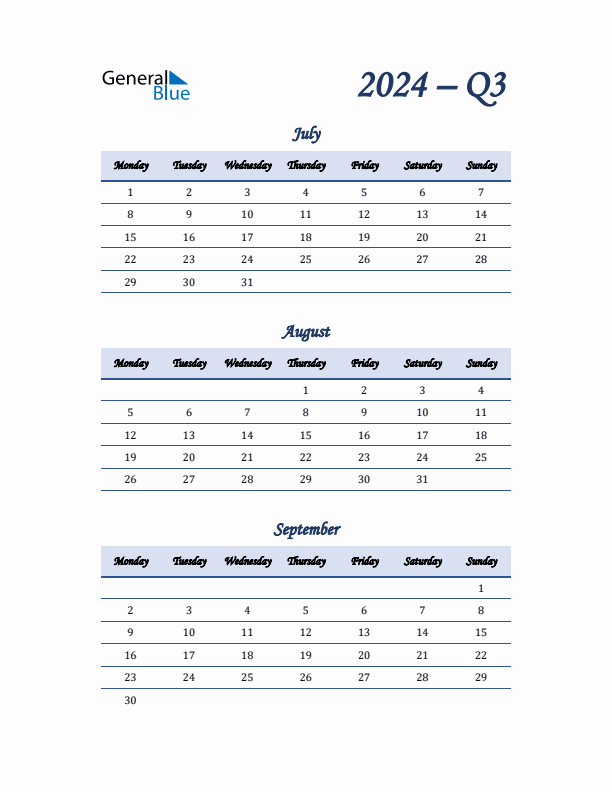 Monday Start 2024 Quarterly Calendar