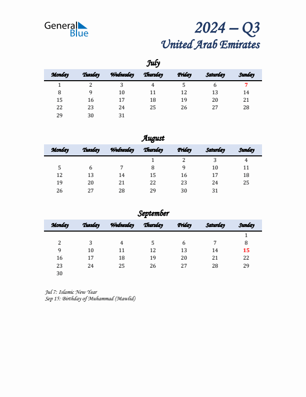 July, August, and September Calendar for United Arab Emirates with Monday Start