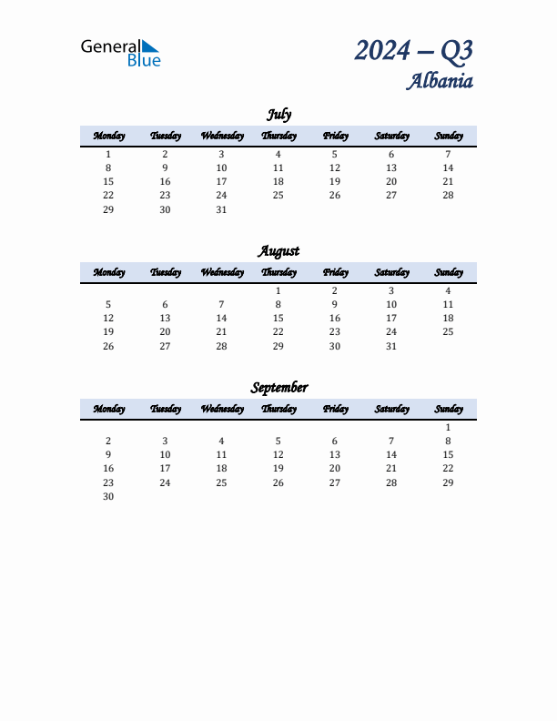 July, August, and September Calendar for Albania with Monday Start