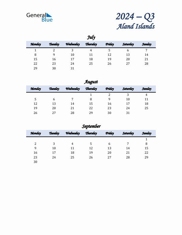 July, August, and September Calendar for Aland Islands with Monday Start