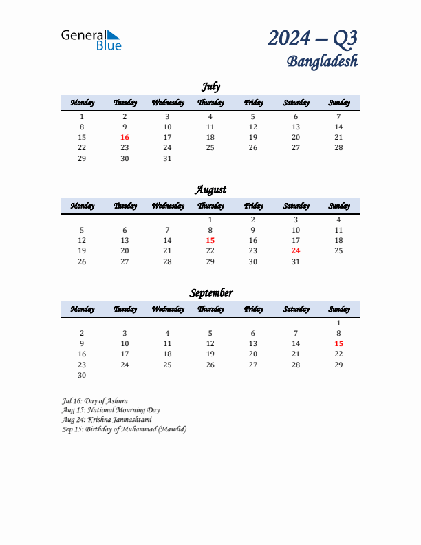 July, August, and September Calendar for Bangladesh with Monday Start