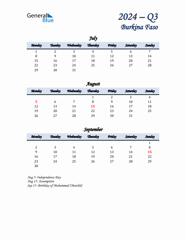 July, August, and September Calendar for Burkina Faso with Monday Start