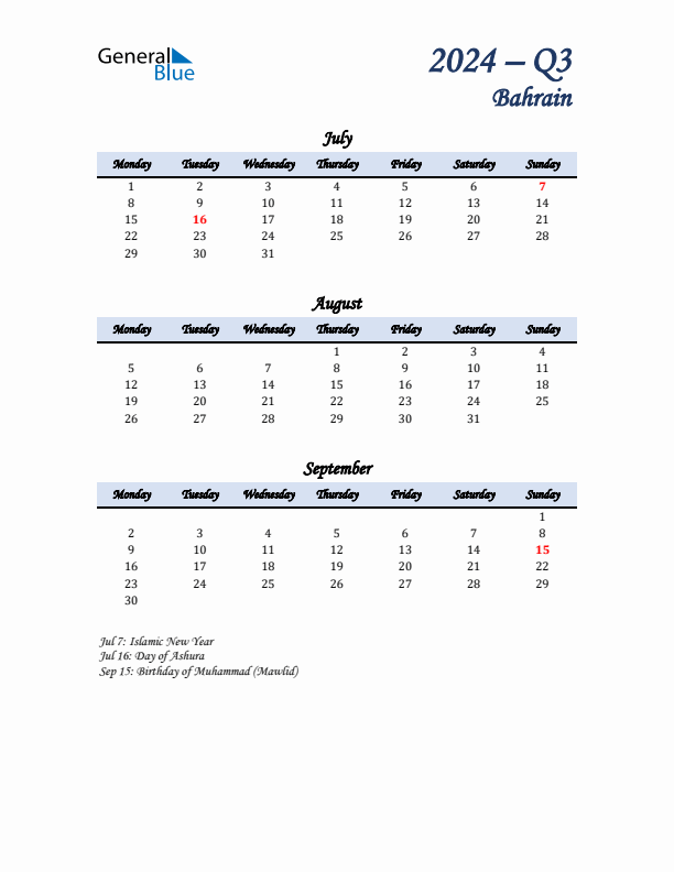 July, August, and September Calendar for Bahrain with Monday Start