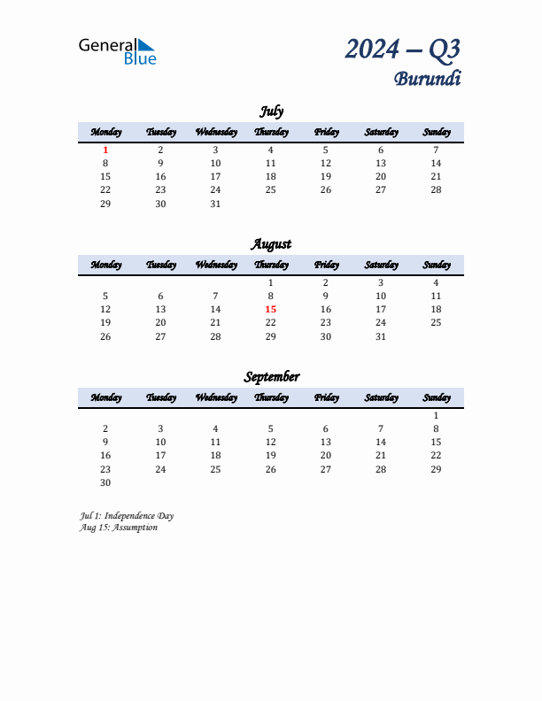 July, August, and September Calendar for Burundi with Monday Start