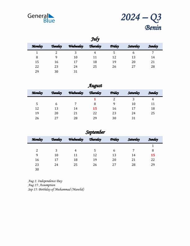 July, August, and September Calendar for Benin with Monday Start