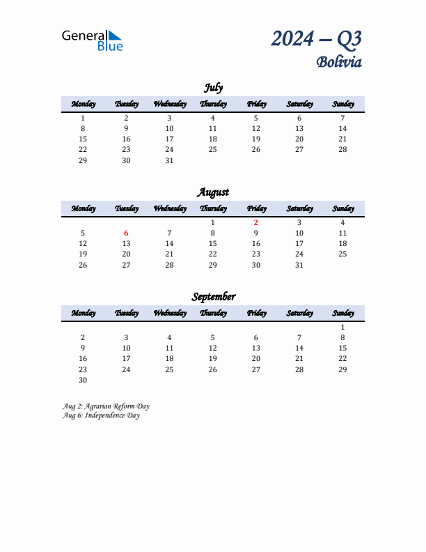 July, August, and September Calendar for Bolivia with Monday Start