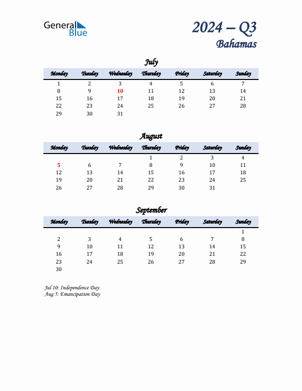 July, August, and September Calendar for Bahamas with Monday Start