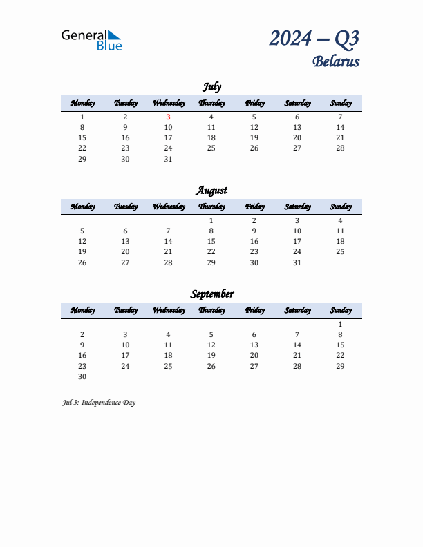 July, August, and September Calendar for Belarus with Monday Start