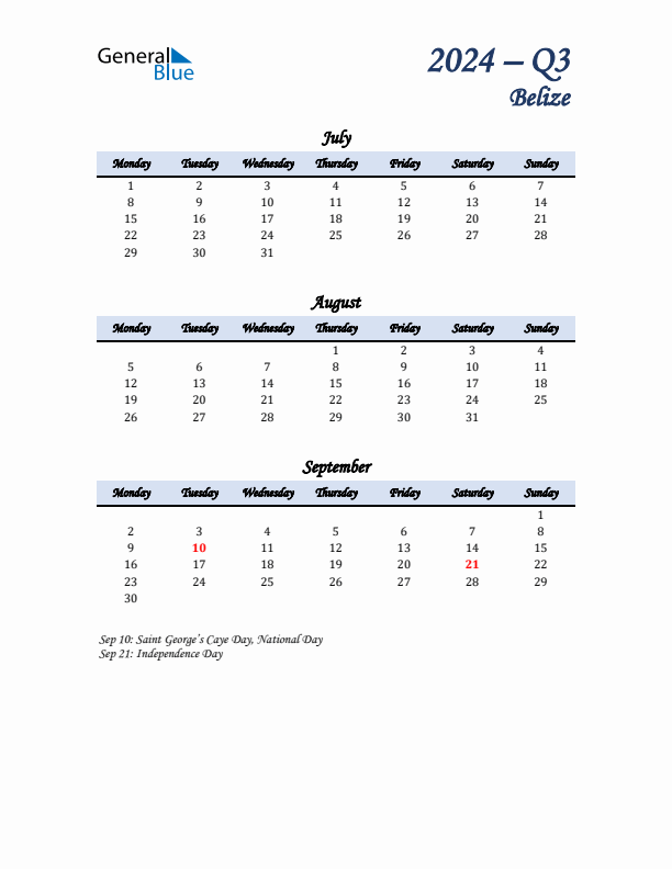 July, August, and September Calendar for Belize with Monday Start