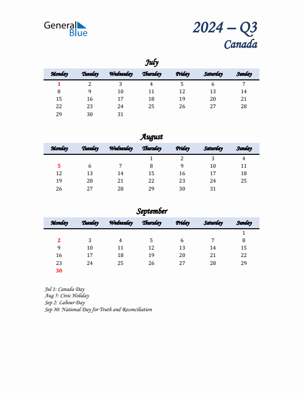 July, August, and September Calendar for Canada with Monday Start