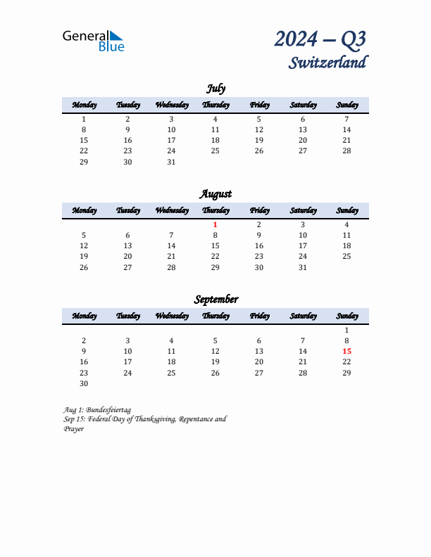 July, August, and September Calendar for Switzerland with Monday Start