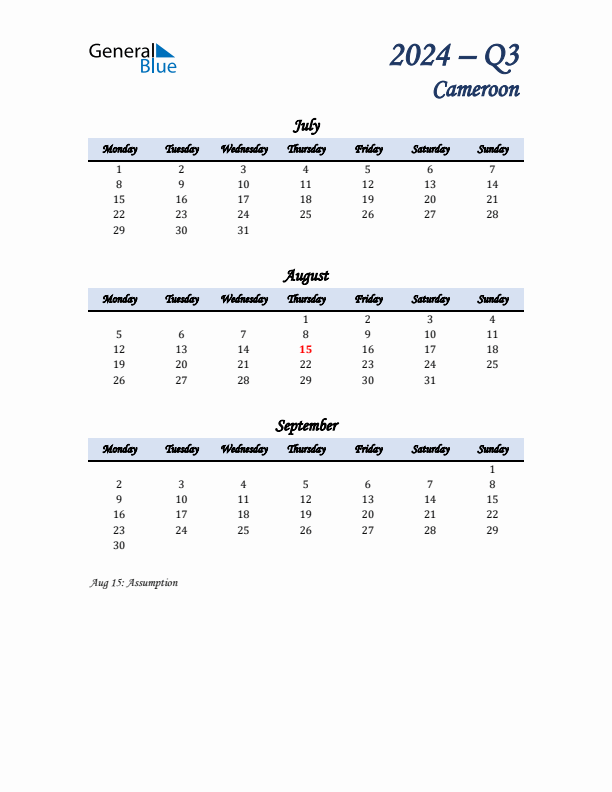 July, August, and September Calendar for Cameroon with Monday Start