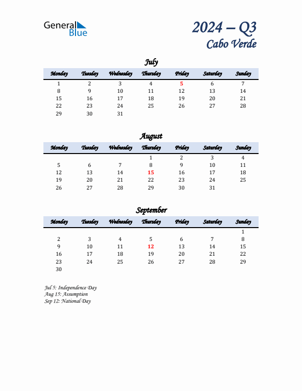 July, August, and September Calendar for Cabo Verde with Monday Start