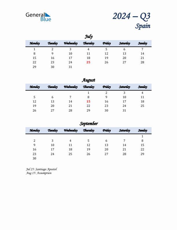 July, August, and September Calendar for Spain with Monday Start