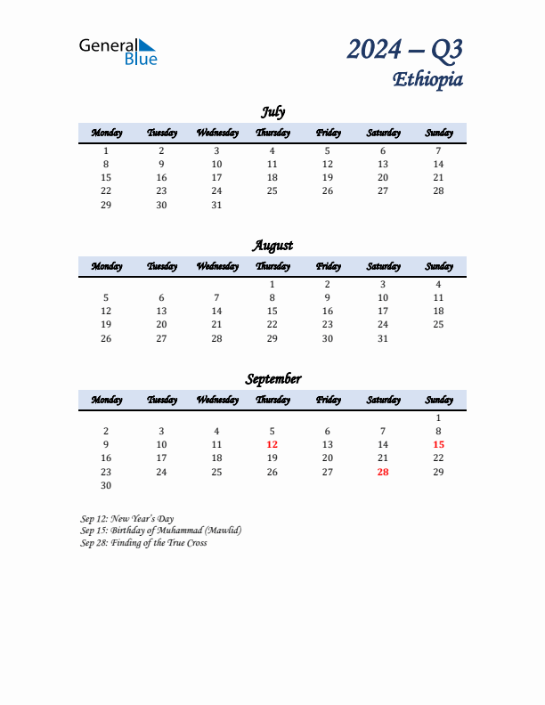 July, August, and September Calendar for Ethiopia with Monday Start