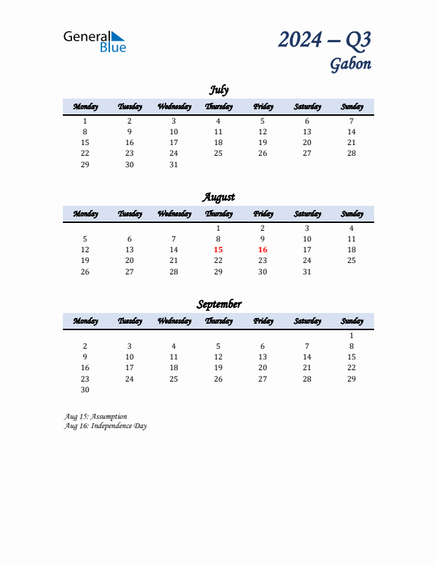 July, August, and September Calendar for Gabon with Monday Start