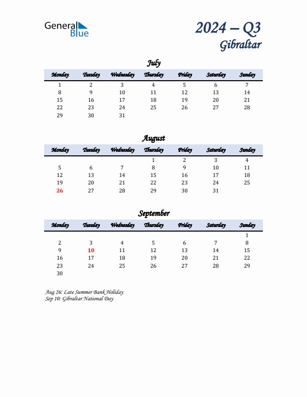 July, August, and September Calendar for Gibraltar with Monday Start