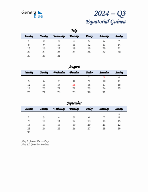 July, August, and September Calendar for Equatorial Guinea with Monday Start