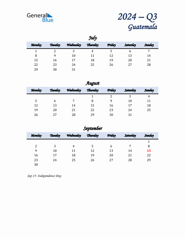 July, August, and September Calendar for Guatemala with Monday Start