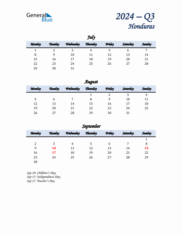 July, August, and September Calendar for Honduras with Monday Start