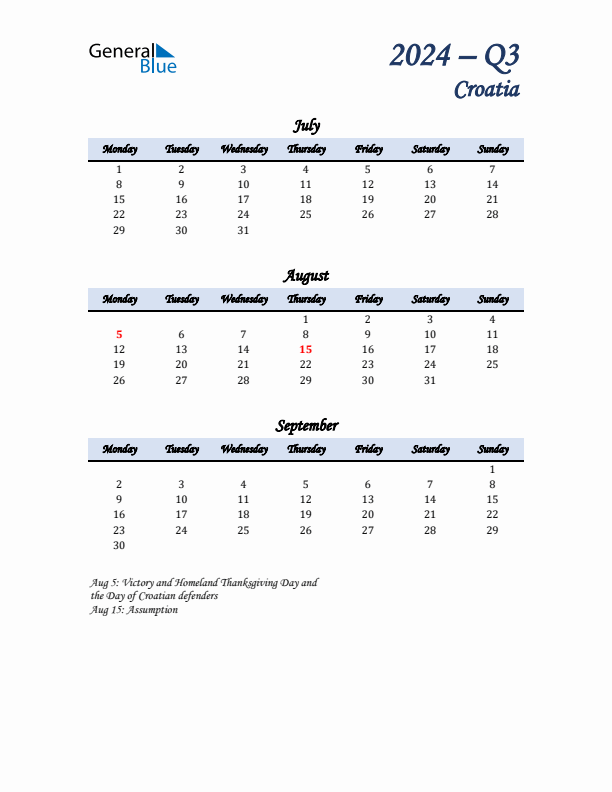 July, August, and September Calendar for Croatia with Monday Start