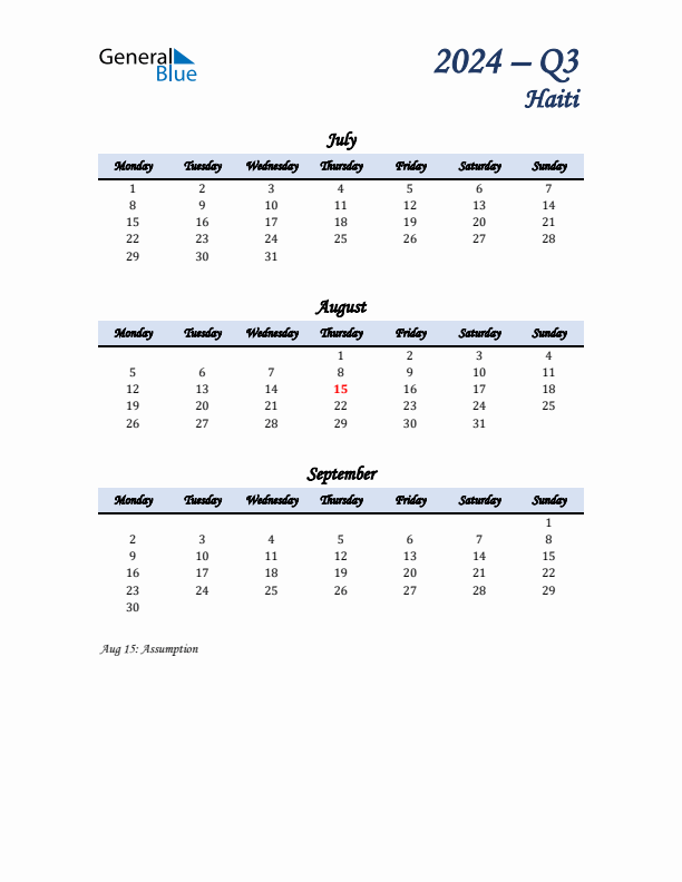 July, August, and September Calendar for Haiti with Monday Start