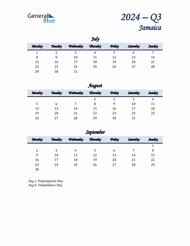 July, August, and September Calendar for Jamaica with Monday Start