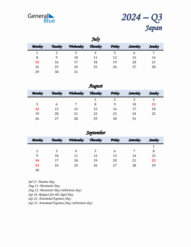 July, August, and September Calendar for Japan with Monday Start