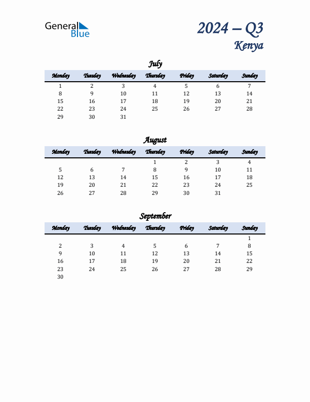 July, August, and September Calendar for Kenya with Monday Start