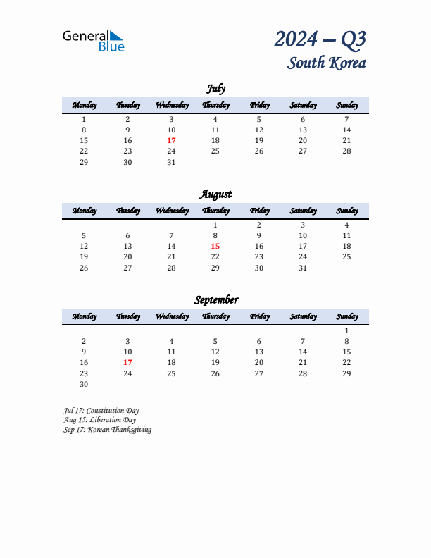 July, August, and September Calendar for South Korea with Monday Start