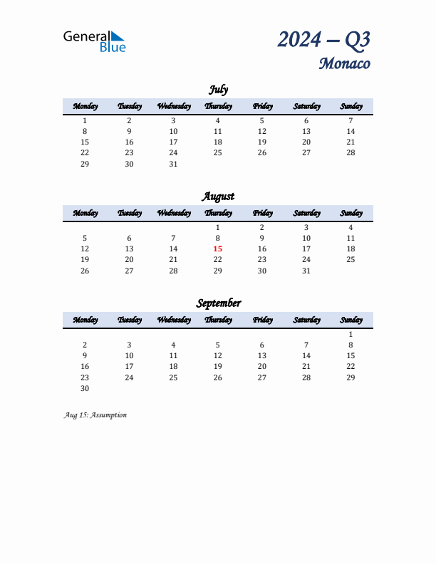 July, August, and September Calendar for Monaco with Monday Start