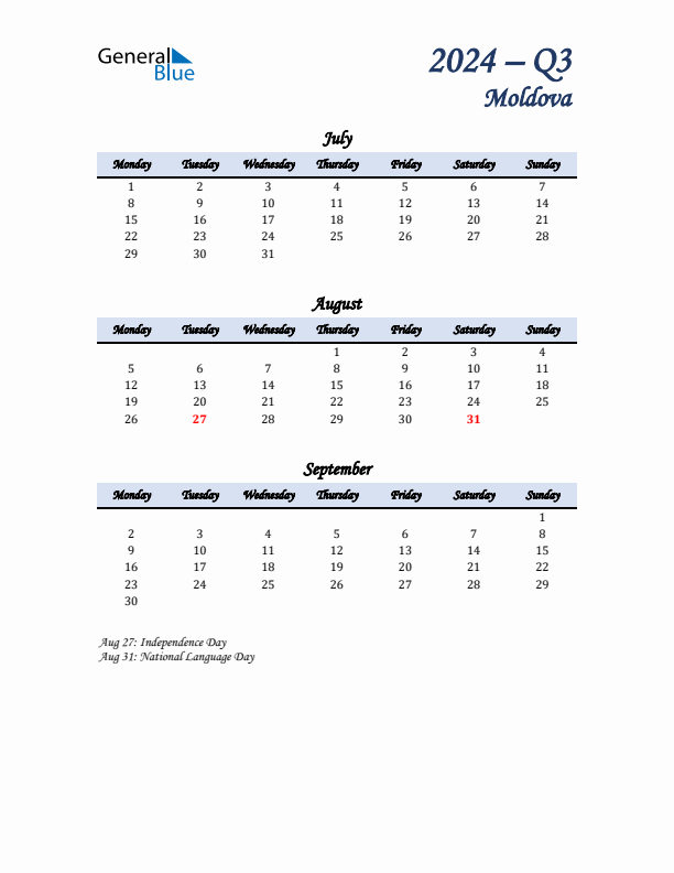 July, August, and September Calendar for Moldova with Monday Start