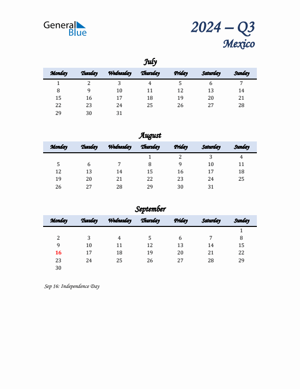 July, August, and September Calendar for Mexico with Monday Start