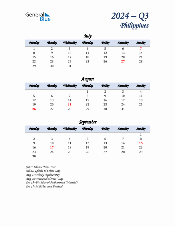 July, August, and September Calendar for Philippines with Monday Start