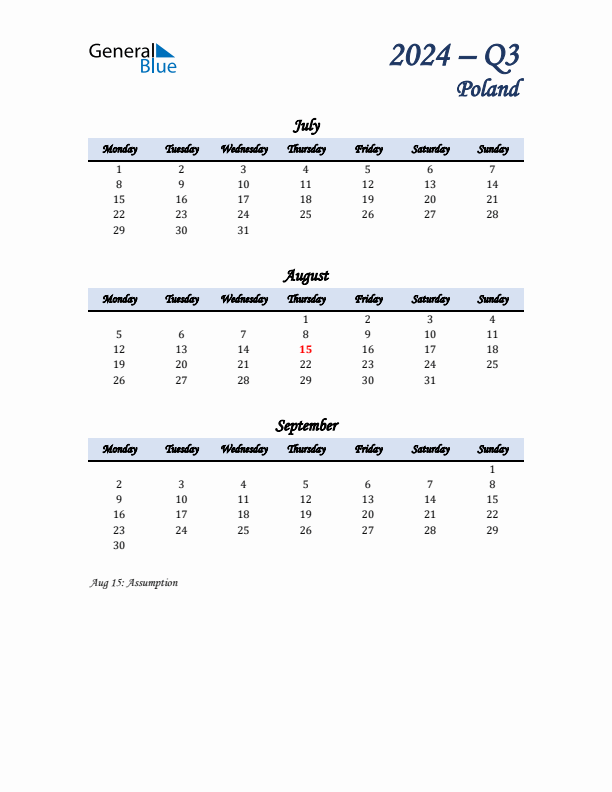 July, August, and September Calendar for Poland with Monday Start