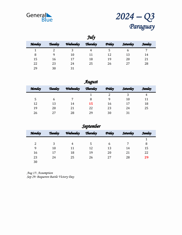 July, August, and September Calendar for Paraguay with Monday Start