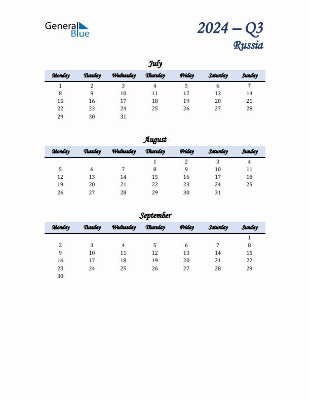 July, August, and September Calendar for Russia with Monday Start