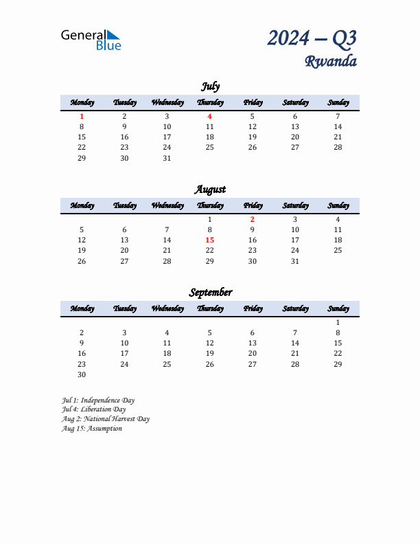 July, August, and September Calendar for Rwanda with Monday Start