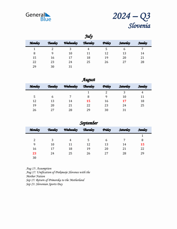 July, August, and September Calendar for Slovenia with Monday Start