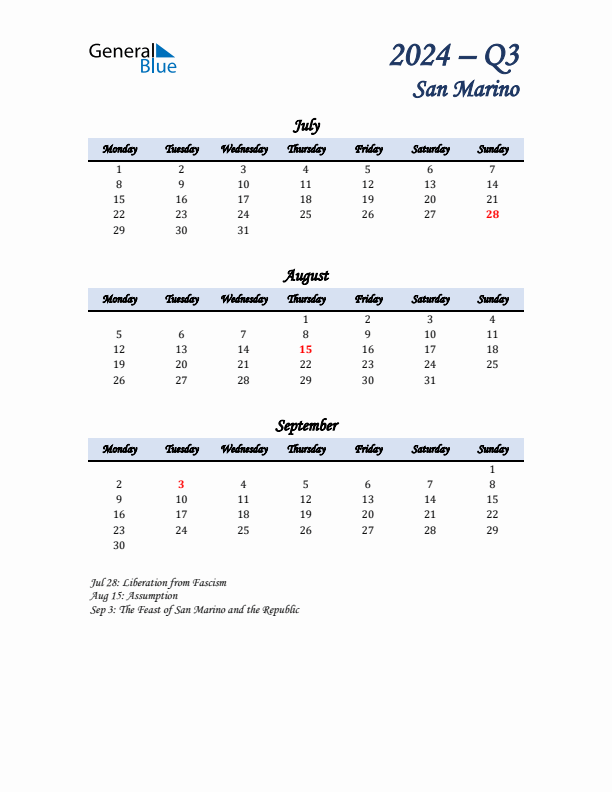 July, August, and September Calendar for San Marino with Monday Start