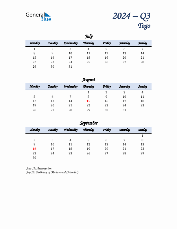 July, August, and September Calendar for Togo with Monday Start