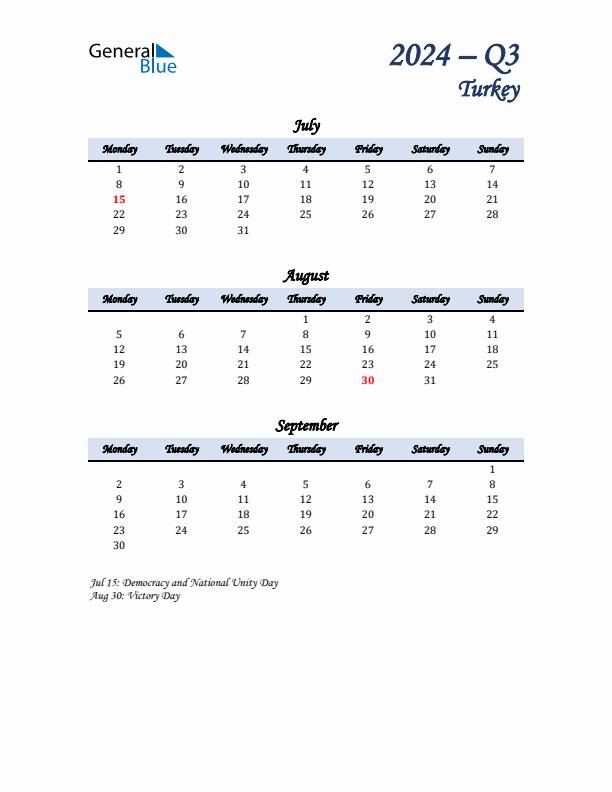 July, August, and September Calendar for Turkey with Monday Start