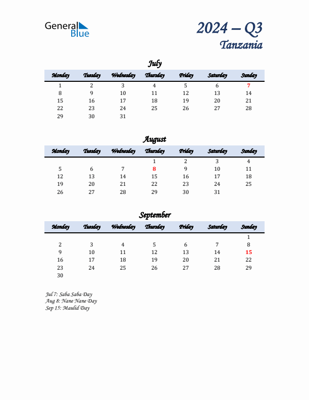 July, August, and September Calendar for Tanzania with Monday Start