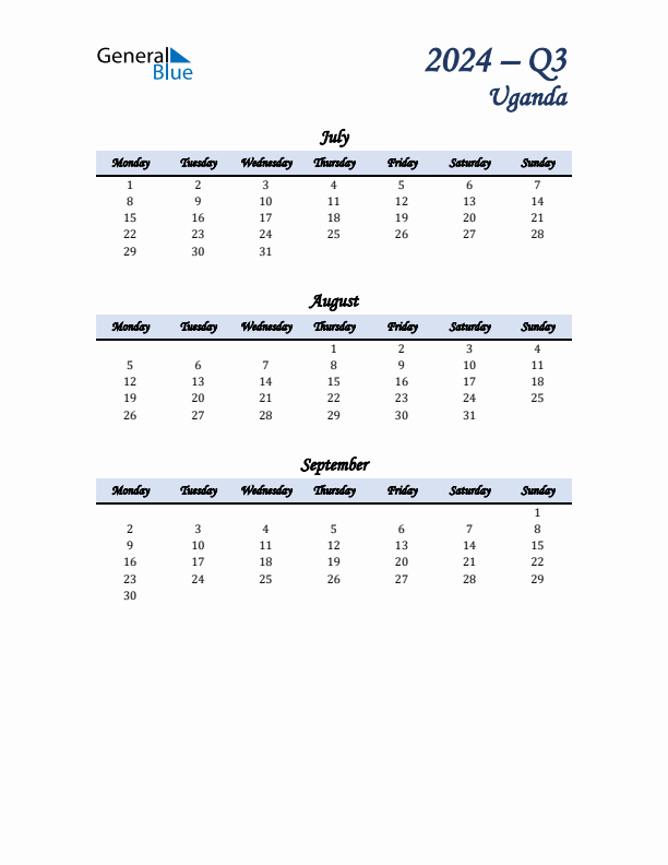 July, August, and September Calendar for Uganda with Monday Start